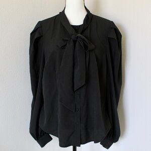 Black Lightweight Tie-Neck Puff Sleeve Button Down Shirt